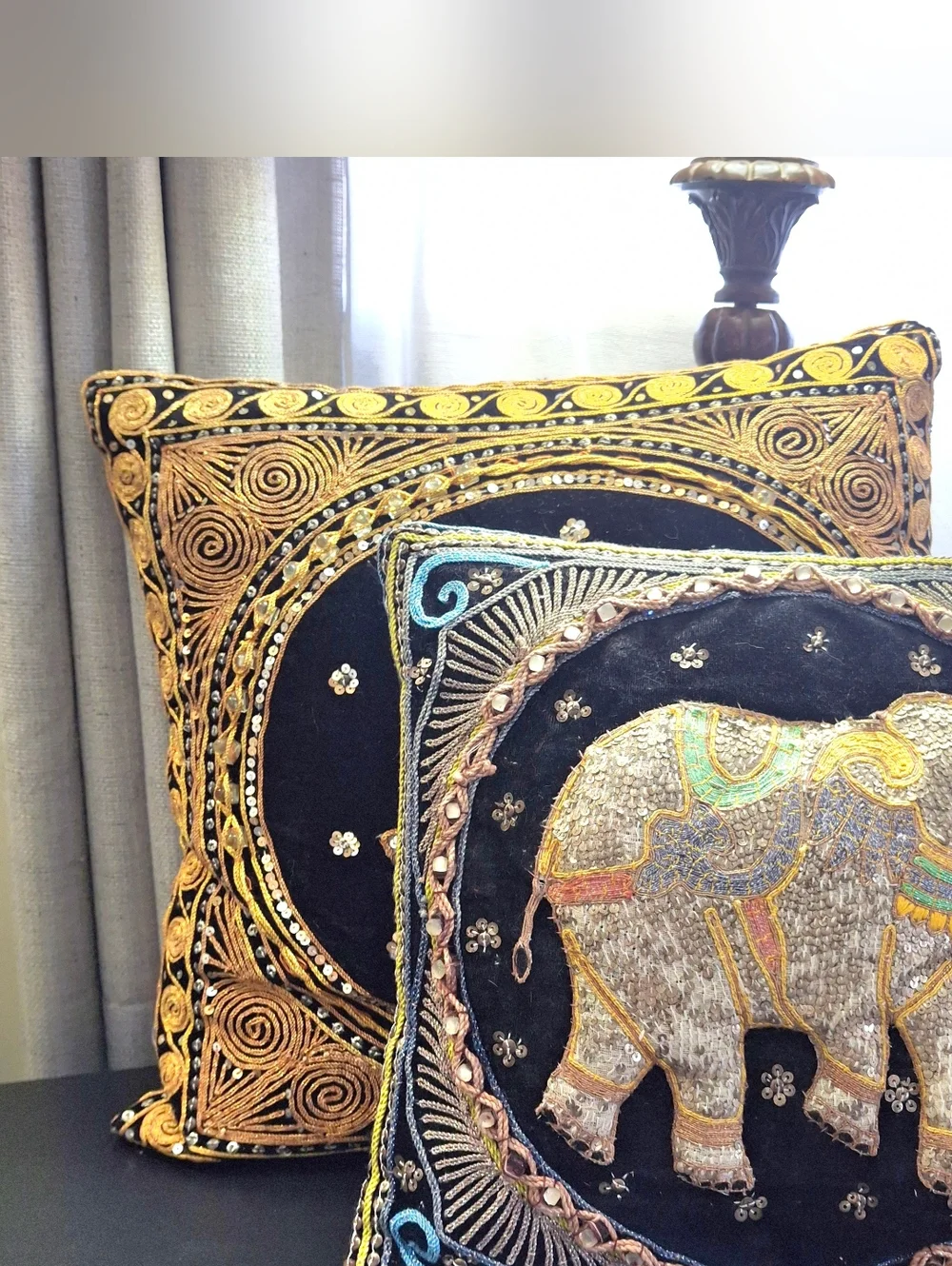 Vintage Boho Kalaga Burmese Elephant Embroidered Sequin Throw Accent Pillows x 2